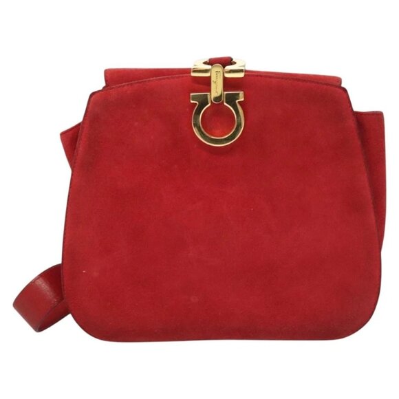 Salvatore Ferragamo Gancini Shoulder Bag Suede Red Gold Auth - Picture 11 of 16